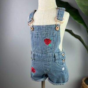 Toddler Denim Overall Shorts With Pockets & Embroidered Rose
